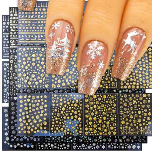 36 Sheets Christmas Snowflake Nail Decals,3D Self-Adhesive Winter Theme Holiday Nail Sticker White Silver Gold Snowflake Nail Art Design Decals DIY Nail Decoration Supplies for Women Girls