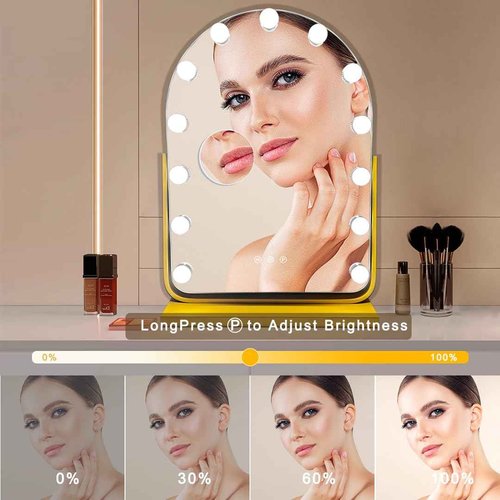 Rtajdos Hollywood-Style Vanity Mirror Makeup Mirrors with Lights, 13" x 17.3", 13 Dimmable Bulbs, 3 Color Modes, 360° Rotation, Touch Control & Memory Function, 10X Magnifier (Painted Gold)