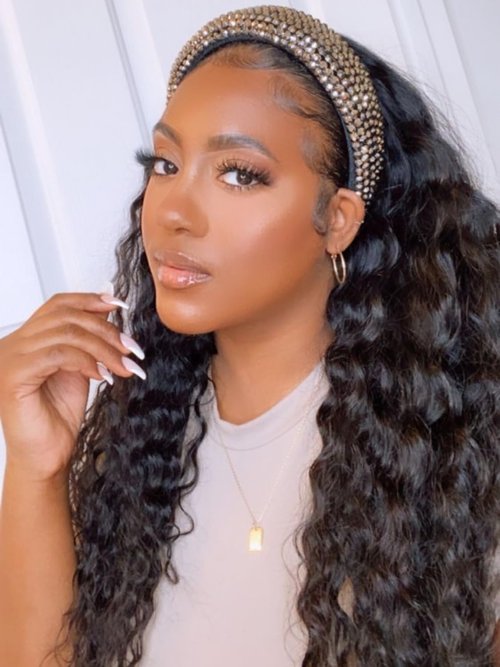 Liwsizxk Water Wave Headband Wig Human Hair 16inch Curly Drawstring Headband Wigs Human Hair Wear and Go Glueless Wigs for Black Women Brazilian Virgin Hair 220 Density Natural Color