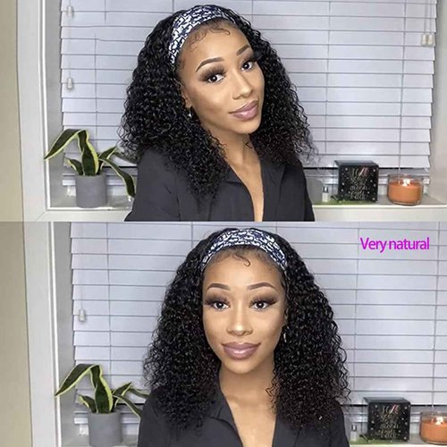 Feelgrace Short Headband Wigs Human Hair Water Wave Wig for Women, Glueless Curly Weave Wigs 100% Unprocessed Hair None Lace Front Wigs 150% Density Brazilian Hair Natural Black Headband Wig 14 Inch
