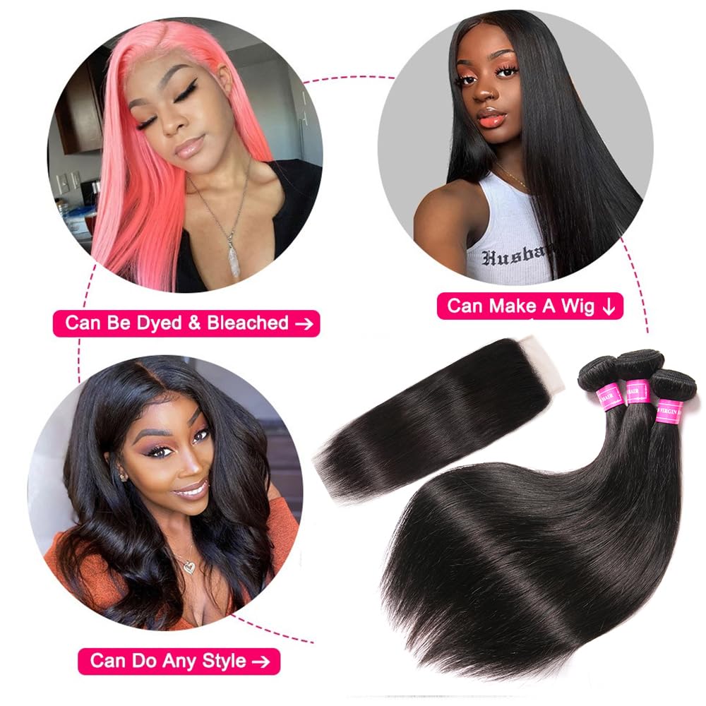 10A Straight Bundles with Closure Human Hair 20 22 24+18 Brazilian Human Hair Bundles with Closure 100% Unprocessed Virgin Straight Hair Weave 3 Bundles with Lace Closure 4x4 Free Part Natural Color