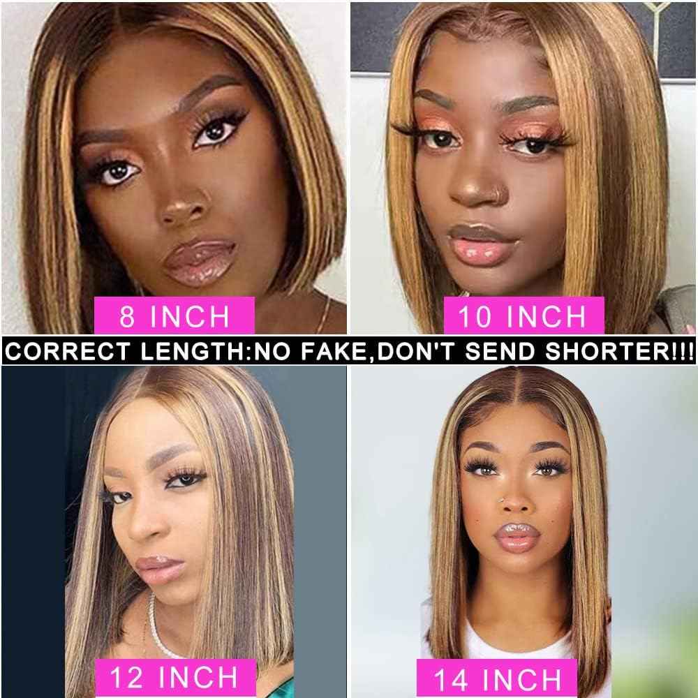 4/27 Highlight Bob Wig Human Hair Straight 13X4 Highlight Bob Lace Front Wigs Human Hair Wear and Go Glueless Wig Pre Plucked 14 Inch Ombre Brown Honey Blonde Hd Lace Frontal Wigs For Black Women