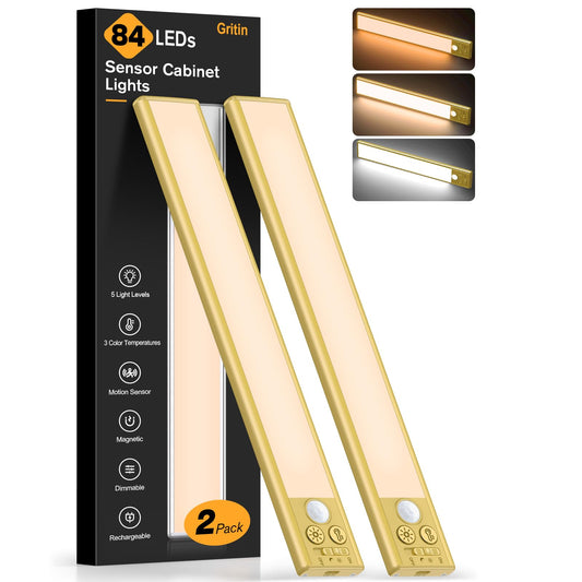 Gritin 10.2inch Under Cabinet Lighting Rechargeable -84 LED Super Bright,3-Color& 5 Level Brightness,4 Modes,Motion Sensor, Long Lasting- Easy Installation Magnetic Closet Lights -2 Pack-Gold