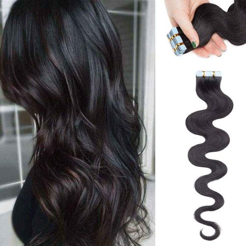 Rich Choices Tape in Hair Extensions Human Hair 40pcs 100g Balayage Jet Black 100% Remy Hair Extensions Real Human Hair Seamless Curly Wavy Tape in Hair of 20 inch #01