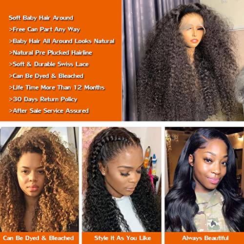 Kinky Curly 13x4 HD Lace Front Human Hair Wigs 180% Density Kinky Curly Glueless Wig 12A Brazilian Virgin Hair Pre Plucked With Baby Hair 16Inch Afro Kinky Curly Lace Frontal Wigs For Women