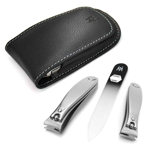 GERMANIKURE 3pc Travel Manicure Set - FINOX Stainless Steel Tools Handmade in Solingen Germany: Fingernail Clipper, Toenail Clipper, Glass Nail File in Leather Case