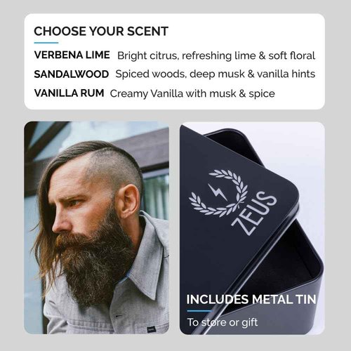 ZEUS Everyday Beard Care Kit for Men, Beard Shampoo, Conditioner, Refined Oil & Styling Balm, Softens, Hydrates, Tames & Strengthens (Made in USA) Sandalwood