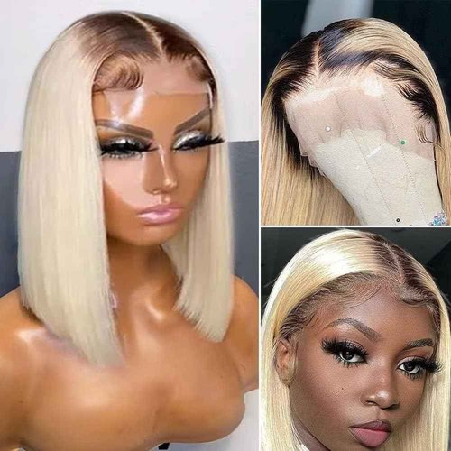 Smartinnov 1B/613 Ombre Blonde Bob Wigs Human Hair Glueless 13x4 HD Lace Front Wigs 12 Inch Pre Plucked Middle Part Virgin Hair for Women 180% Bleached Knots with Baby Hair Ombre blonde with Dark Root