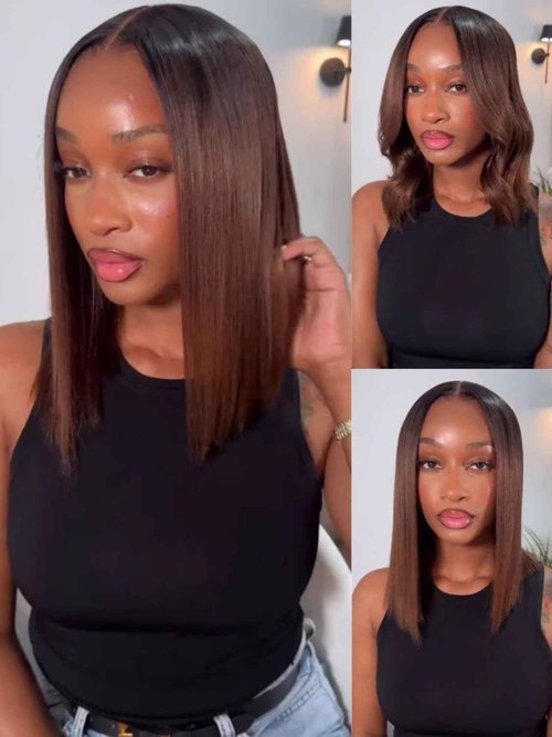 YIROO Yaki Straight Bob Wig Ombre Brown Human Hair Bye Bye Knots Glueless Wig Chestnut Brown Pre Cut 7x5 HD Lace Front Lace Put On and Go Pre Bleached Pre Plucked with Dark Roots Yaki Bob Wig 10Inch