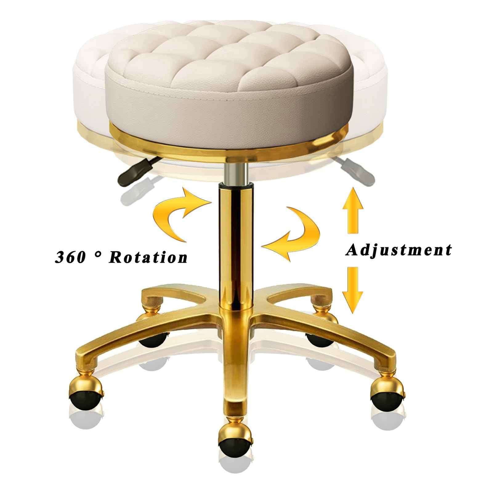 HZLCMPY Rolling Stool Gold Vanity Stool with Wheels, Pedicure Massage Roller Stools, PU Leather Round Swivel Salon Spa Chair, Titanium Gold Base, Height Adjustable 43-55 cm (Off White)