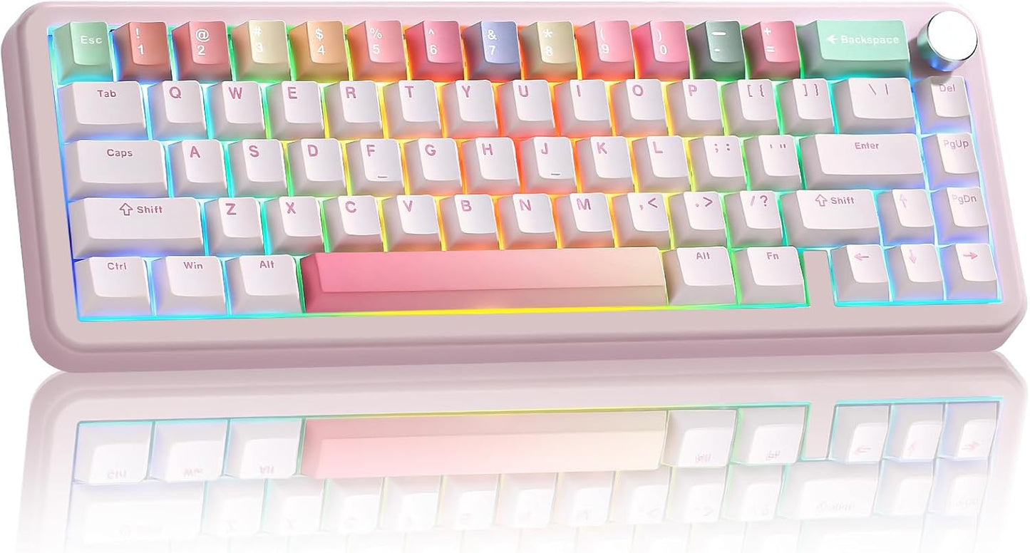 YUNZII B68 Wireless Mechanical Keyboard,Tri-Mode BT5.0/2.4GHz/USB-C,Cute PBT Keycaps,Hot Swappable Creamy Typing Gasket Mounted,RGB Backlit NKRO for Win/Mac (Pink, Cocoa Cream V2 Switch)