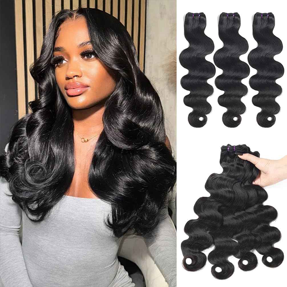 Menalue Human Hair Body Wave Bundles 14 16 18 Inch 16A Raw Vietnamese Virgin Human Hair Bundles Body Wave 3 Bundles Human Hair Full and Thick Natural Black Color Hair Extensions