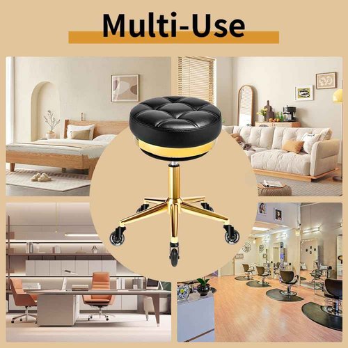 Gold Heavy Duty Rolling Stool - Weight Capacity 400lbs, Designed Metal Outer Ring Protect Leather, Padded Comfort Cushion, 360° Adjustable Stools, Rolling Stools with Wheels for Salon, Massage, Tattoo
