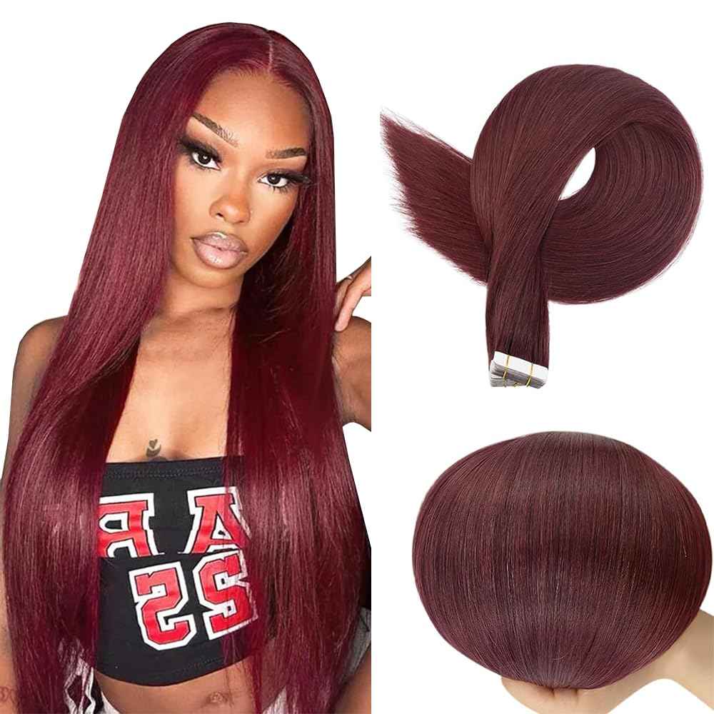 #99J Burgundy Tape in Extensions Human Hair 28 Inch Red Straight Tape in Seamless Extensions Real Human Hair Skin Weft Seamless Invisible Unprocessed Virgin Remy Hair 50g 20 Pcs