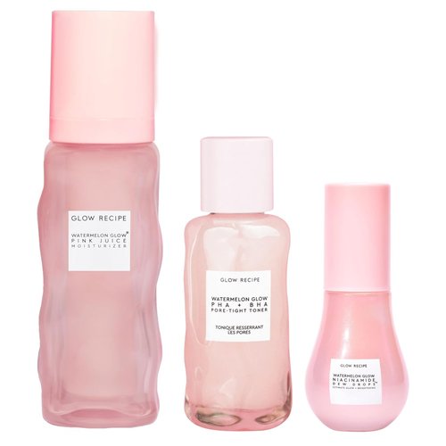 Glow Recipe Real Glass Skin Kit - PHA + BHA Toner & Gentle Face Exfoliant (40 ml) + Pink Juice Hydrating Moisturizer with Hyaluronic Acid (50 ml) + Niacinamide Dew Drops Highlighting Serum (15 ml)