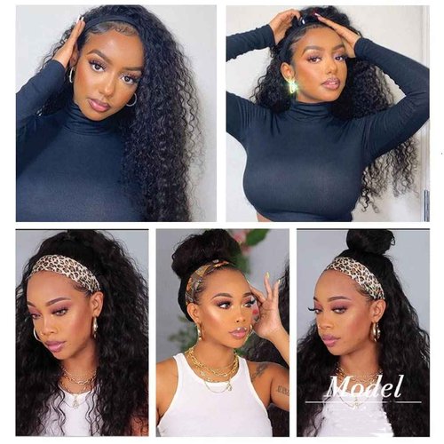 NICMISS Deep Wave Headband Wig Human Hair 24 Inch Curly Headband Wigs for Black Women Human Hair Glueless None Lace Front Wig Brazilian Virgin Hair Wear and Go Wigs 150% Density Natural Black Color