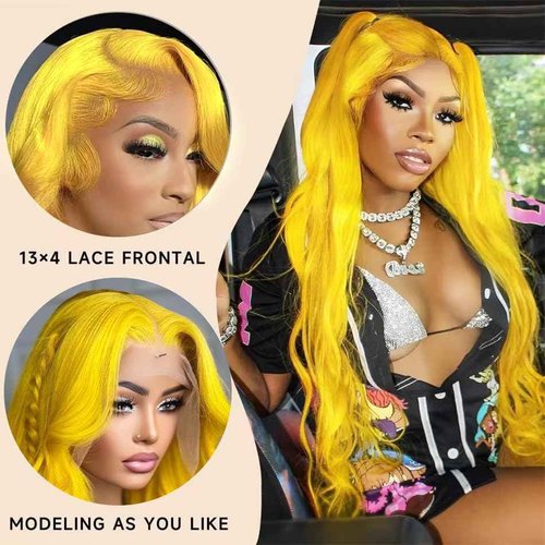 XIAPAY 28 Inch Yellow Wig Human Hair 13x4 Yellow Lace Front Wig Human Hair Body Wave Lace Front Wigs Human Hair Blonde Wig Human Hair Colored 200% Density HD Frontal Wigs human hair