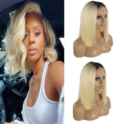 SUNFA Ombre Blonde Human Hair Bob Wigs 180% Density #1B/613 13x4 HD Transparent Glueless Wig Lace Front Bob Wigs Blunt Cut Pre-plucked Hairline Bleached Knots Wig 10Inch