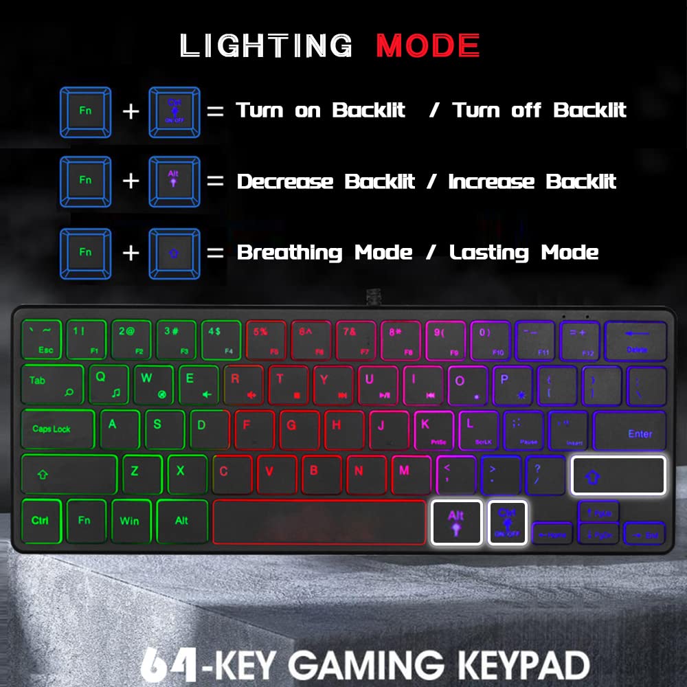 abucow Backlit Mini Keyboard USB Wired Portable Mute Ultra-Compact Small Gaming Keyboard 64 Keys for PC/Mac Gamer Typist Travel Easy to Carry on Business Trip