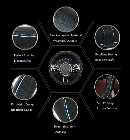 Car Steering Wheel Cover,Anti-Slip, Safety, Soft, Breathable,Heavy Duty, Thick,Full Surround,Sports Style (Black with Light Blue Line)