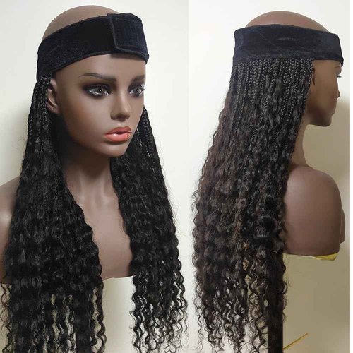 Boho Box Braids Band Wig with Human Hair Curly Ends Grab & Go Boho Band Braids Hair Extensions Goddess Boho Briaded Hat Wigs without Cap 18inch Natural Black