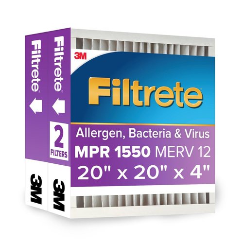 Filtrete 20x20x4 AC Furnace Air Filter, MPR 1550, MERV 12, Fits Honeywell, CERTIFIED Asthma & Allergy Friendly, Electrostatic Air Cleaning Filter, 2-Pack (Actual Size 19.88x19.88x4.31 in)