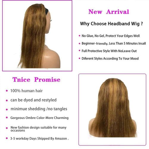 Headband Wig Human Hair Straight 18 Inch Headband Wigs for Black Women Glueless None Lace Front Human Hair Wigs Brazilian Virgin Hair Headband Wigs Natural Color+ 4/27 Highlight Color Two Headband Wig