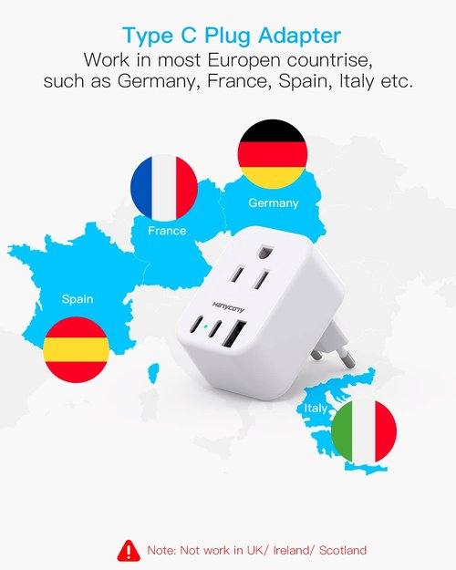 HANYCONY European Plug Adapter, International Power Adapter, US to Europe Adapter Plug 2 Outlets 3 USB Ports(2 USB C), Type C Plug Adapter to Italy Spain France Portugal Iceland Germany
