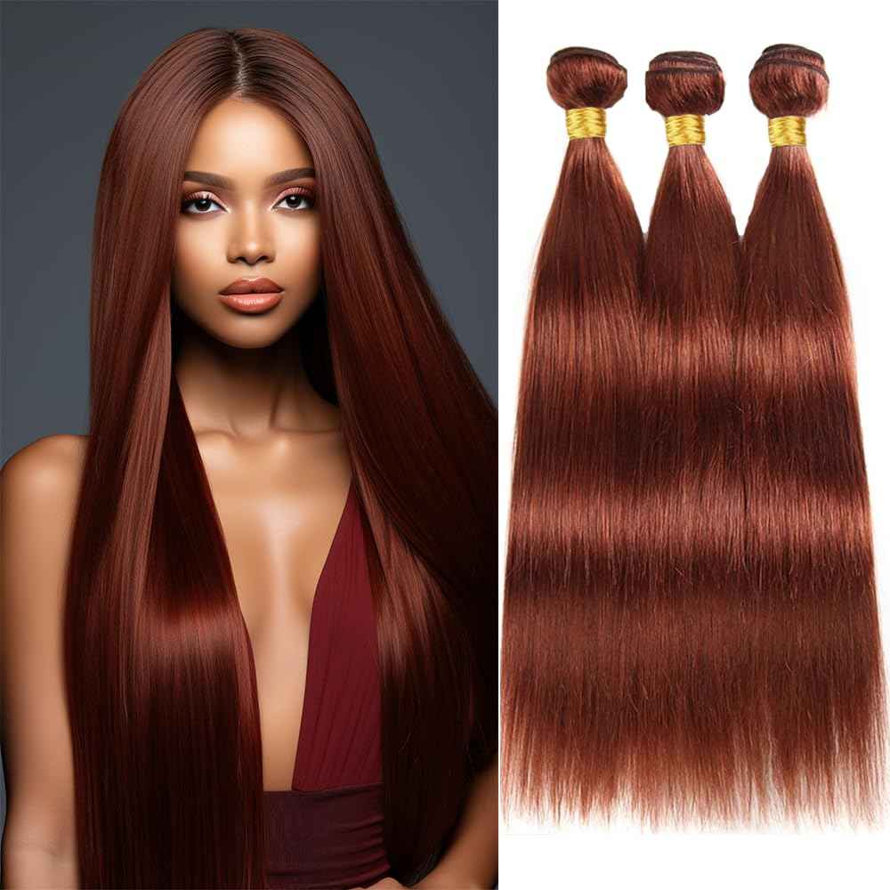 16 18 20 Inch Reddish Brown Straight Human Hair Bundles - Copper Red Color 33 Auburn Brazilian Virgin Hair Double Weft Soft and Silky