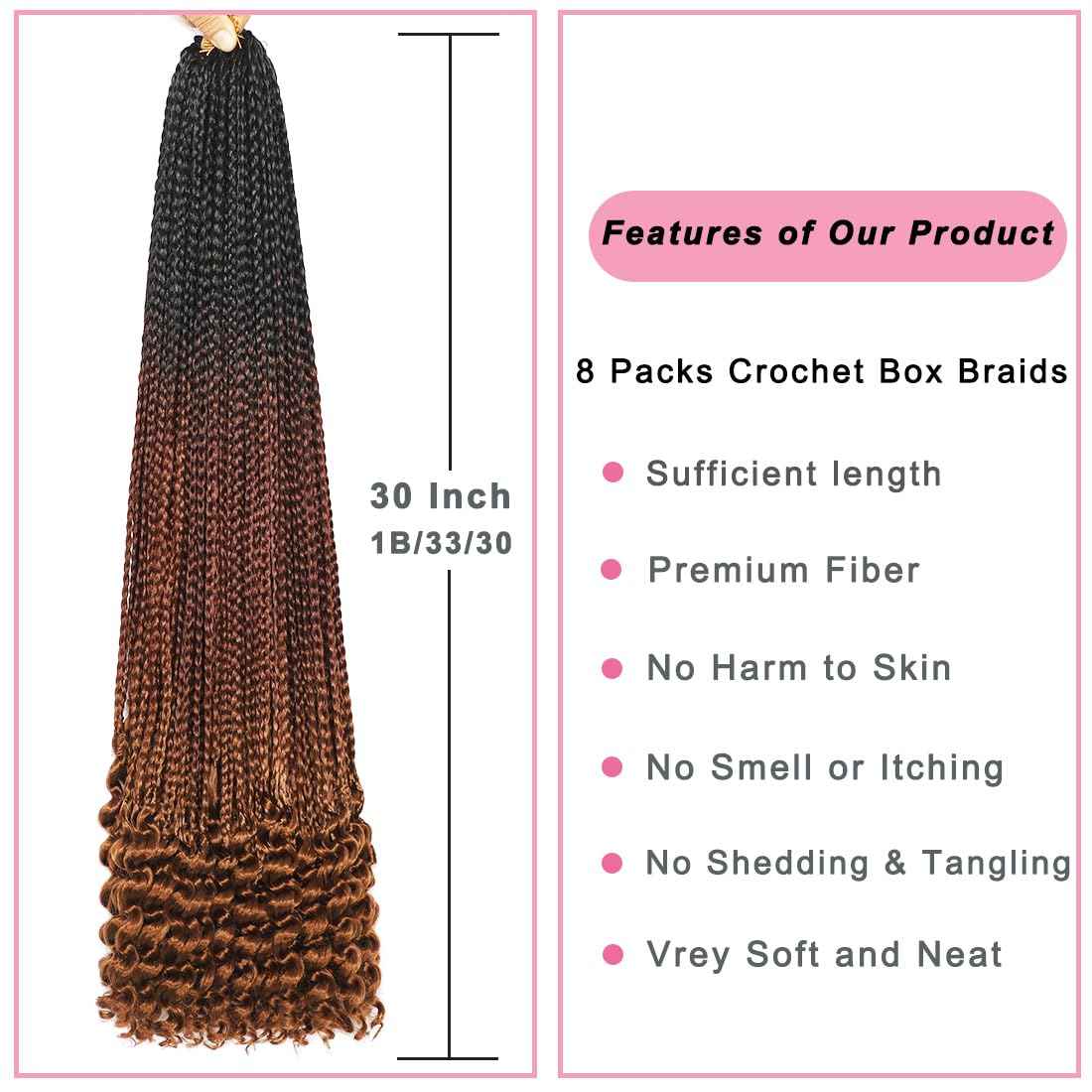 144 Strands Goddess Crochet Box Braids with Curly Ends 30 Inch Pre Looped Box Braids Crochet Hair 8 Packs Curly Crochet Braids for Black Women