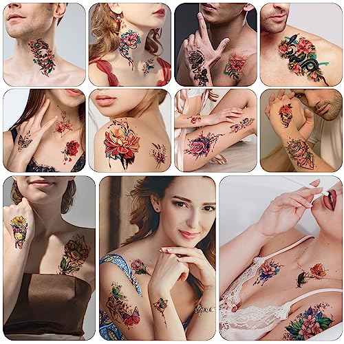77 Sheets Flowers Temporary Tattoo, 17 Sheets Half Arm Rose Butterfly Snake Skull Fake Tattoos for Adults Arm Neck, 60 Sheets Tiny Realistic Temporary Tattoos Waterproof for Women Girls and Kids