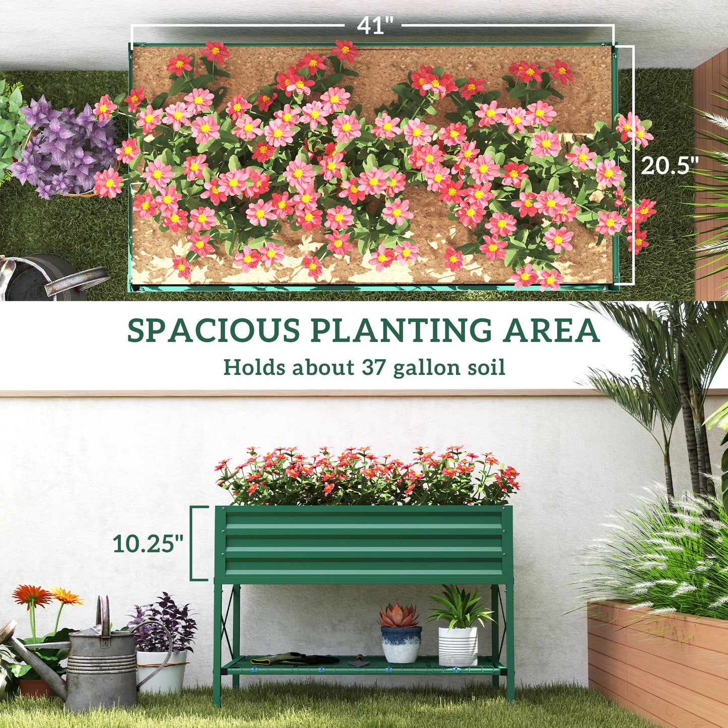 Galvanized Metal Raised Garden Bed with Legs and Storage Shelf - Green, 1180x360x95mm
