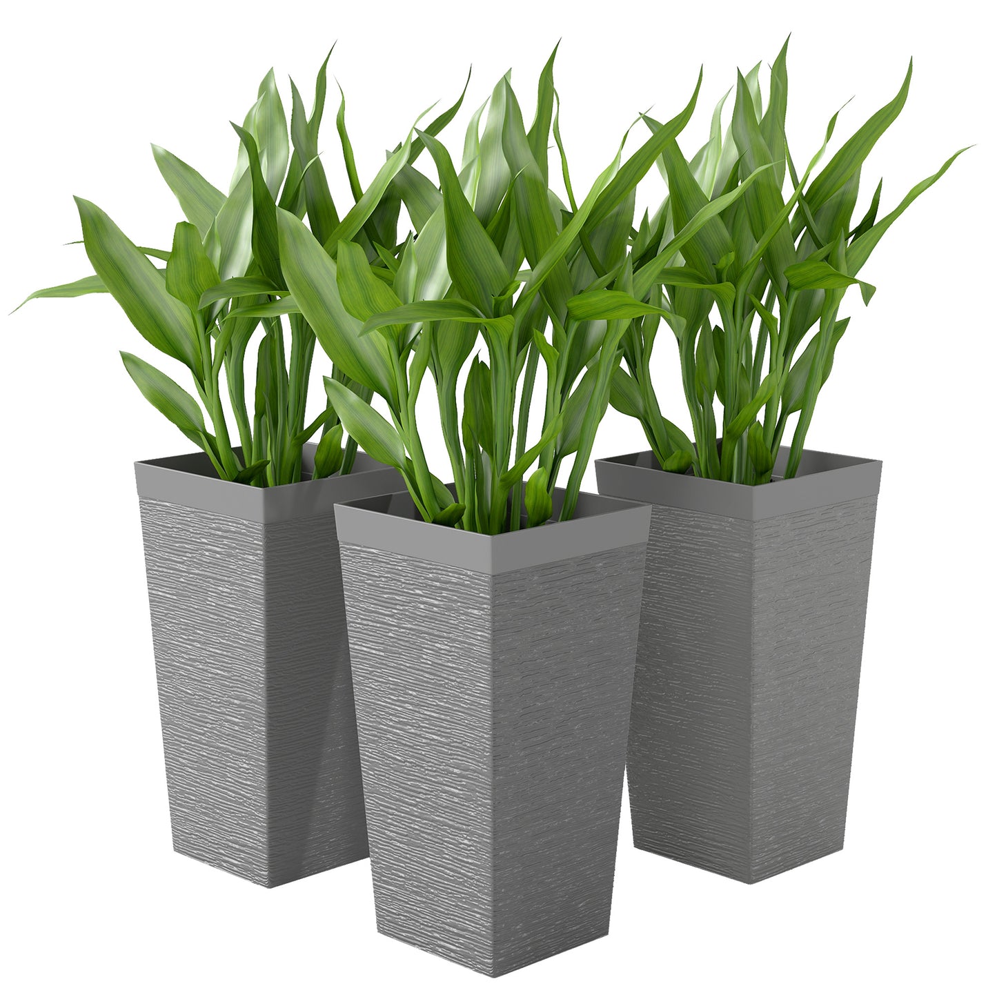 Outdoor Plant Pots Set of 3 with Wheels - 22.8 Inch Tapered Planters, Stone Finish, Drainage Holes, Gray