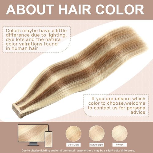 Tape in Hair Extensions Human Hair Chestnut Brown Highlighted Bleach Blonde 22 Inch 20Pcs Tape Ins for Women Straight Invisible Seamless Remy
