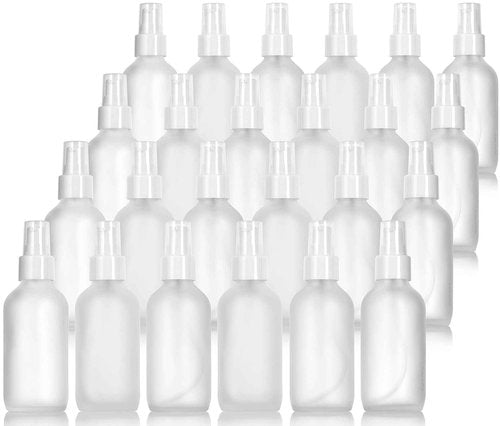 JUVITUS 4 oz / 120 ml Frosted Clear Glass Boston Round Bottle with White Treatment Pump (24 Pack) Refillable Empty Storage Containers