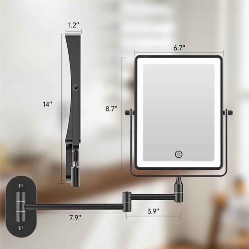 FASCINATE 5000mAh Rechargeable Wall Mounted Makeup Mirror, 8.7" Double Sided Touch Switch 1X 30X Rectangle Magnifying Mirror with Light, 3 Color Setting, Extended Arm 360° Swivel Foldable Black