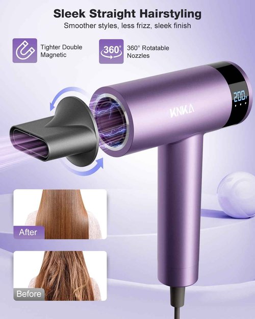 KNKA Hair Dryer, 1500W High Speed Blow Dryer with 4 Temps & 3 Speeds, Fast-Drying Negative Ionic Hair Dryer for Women, 110,000 RPM Hairdryer Low Noise with Nozzle for Home Travel Salon, Purple