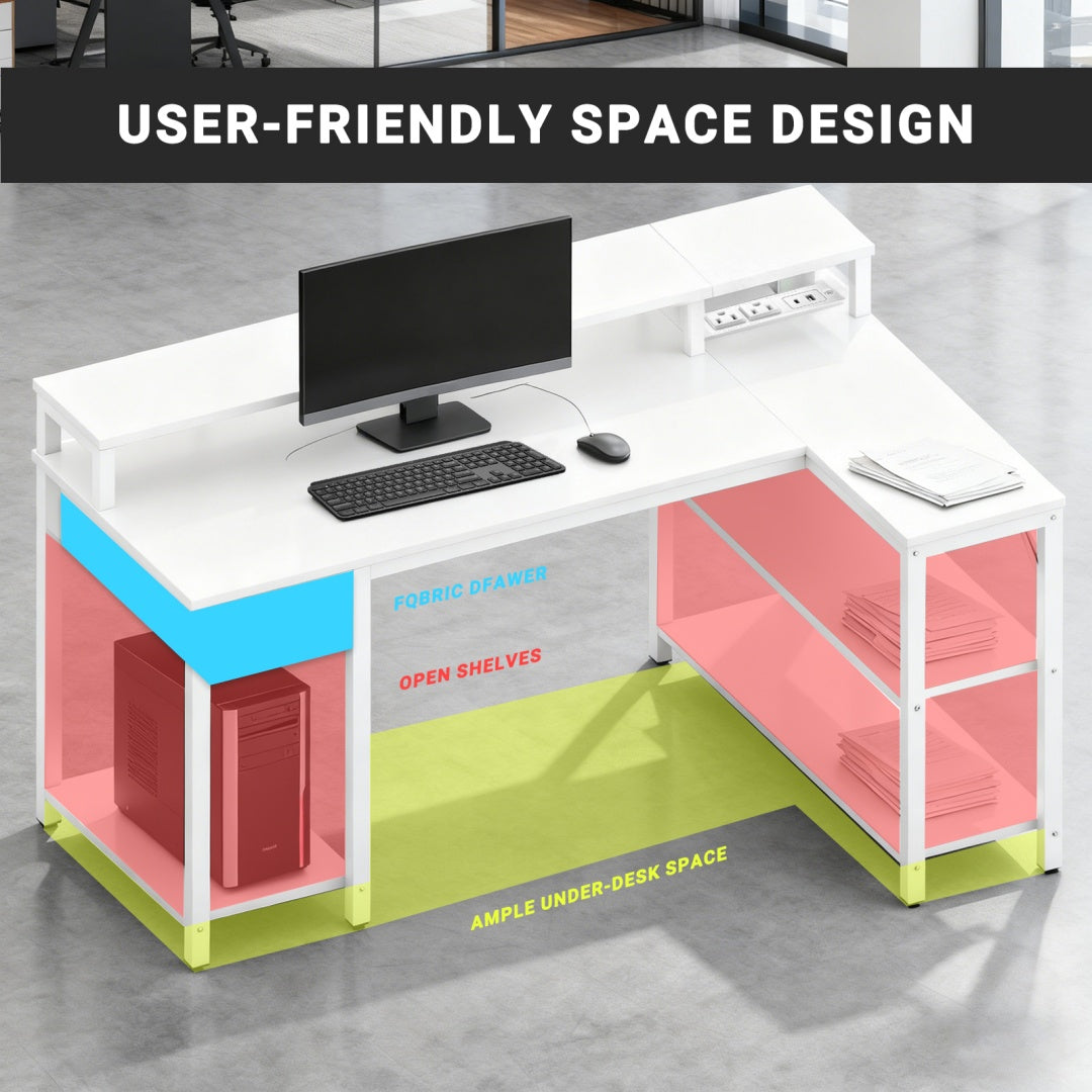 L-Shaped Gaming Table with USB Charging & LED Light