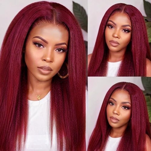 99J Yaki Human Hair Bundles Burgundy Kinky Straight 24 26 28 Inch WuvuSnm Red Double Weft 3 Bundles