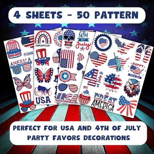 50 PCS Fourth of July Temporary Tattoos for Kids, Red White and Blue Themed Tattoos for Birthday Party Supplies USA Flag Memorial Day Independence Day Labor Day Tattoo Stickers for Kids Boys Girls