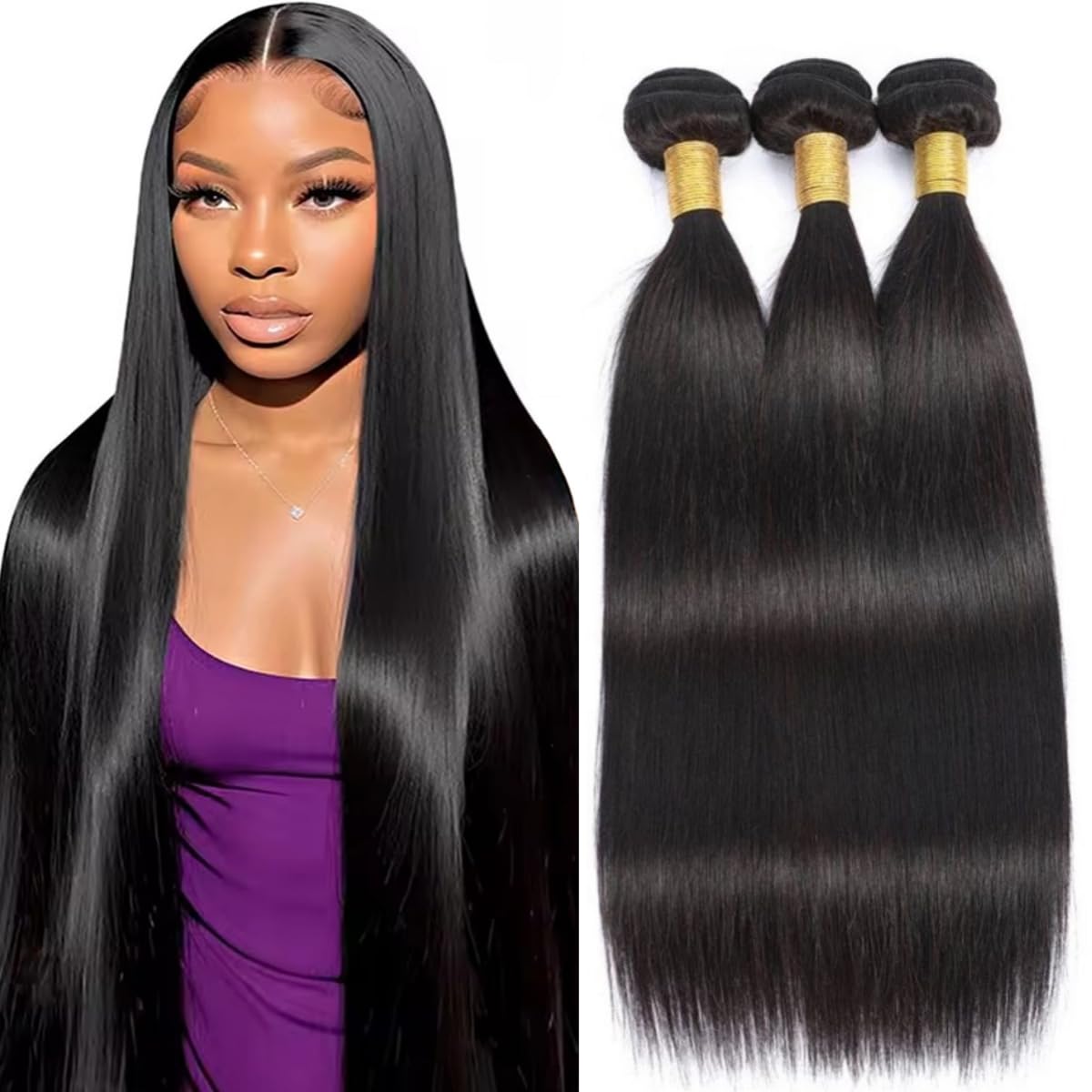 12A Straight Bundles Human Hair 20 22 24 Inch Human Hair Bundles 100% Unprocessed Brazilian Virgin Hair for Women Quick Weave Hair 3 Bundle Deals Hair Extensions Natural Black