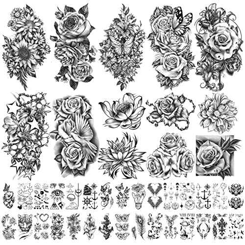 40 sheets Waterproof Temporary Tattoos Flowers Rose Butterfly Fake Tattoo Mix Style Lasting Body Art Tattoo Stickers for Women or Girls