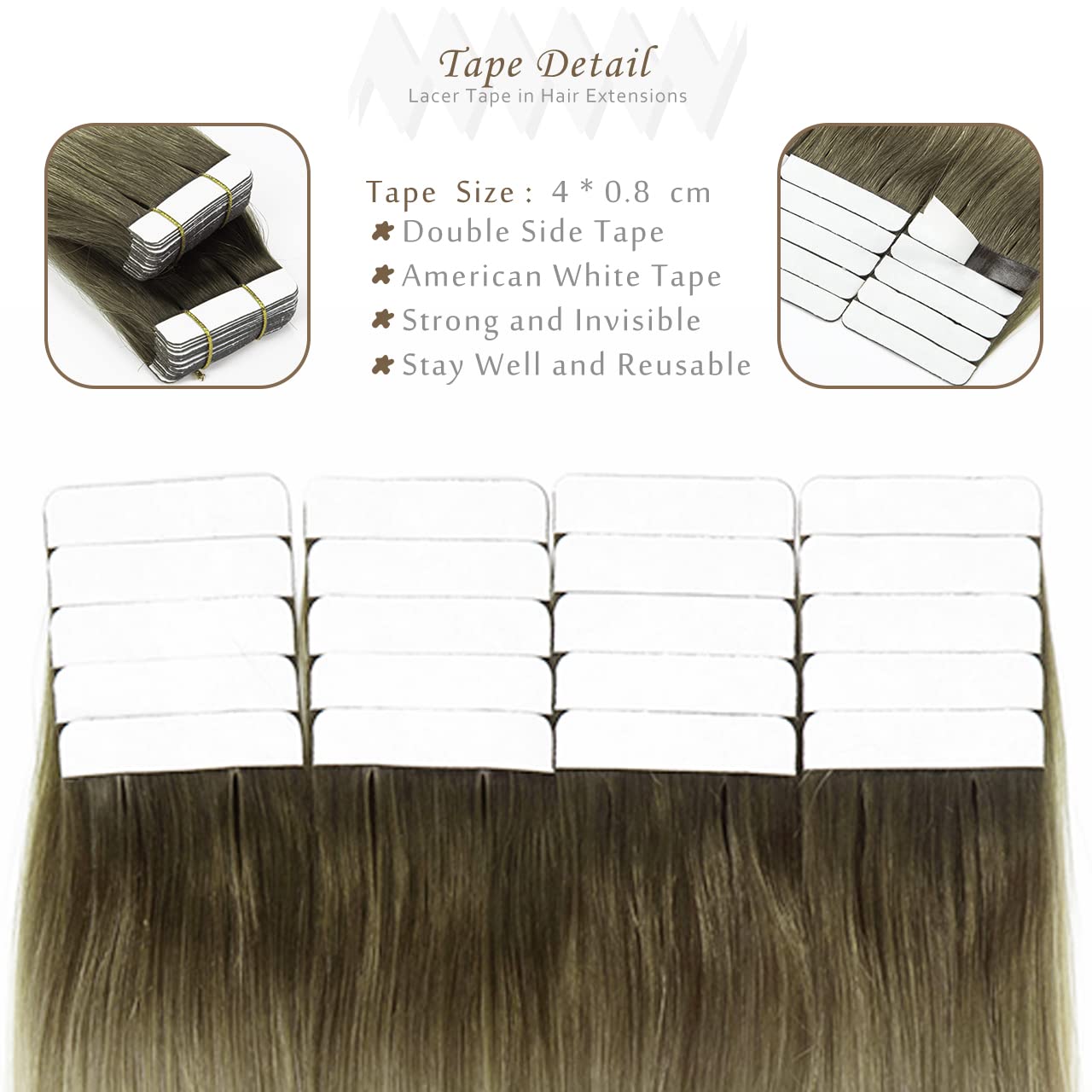 Lacerhair Rooted Tape in Hair Extensions Human Hair Seamless Skin Weft Real Remy Invisible Natural Hair #8G/60A Double Sided Light Platinum Blond with Light Ash Brown Roots 22" 50g