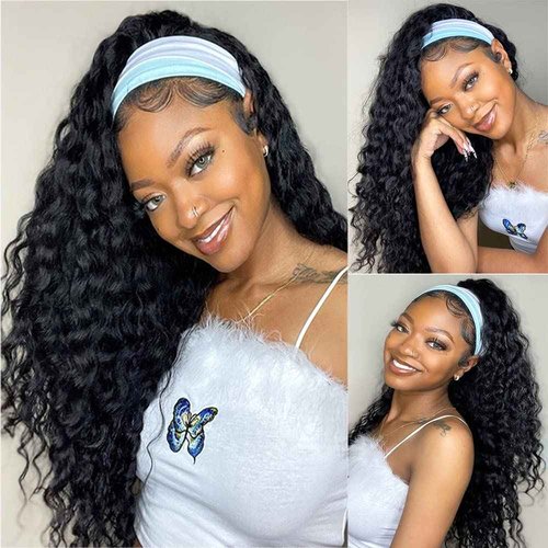WENYAN Headband Wig Human Hair Deep Wave 24 Inch Wigs for Black Women Glueless None Lace Front Curly Wave Wig Brazilian Virgin Hair Wear and Go Wigs Machine Made 150% Density Natural Color
