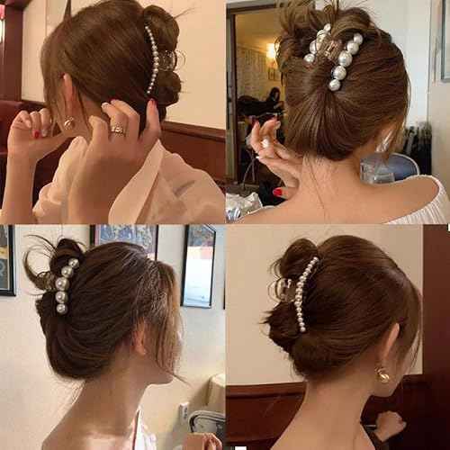 Hair Clips for Women,Large Pearl Hair Claw Clip Strong Hold No Slip,Banana Jaw Clip Barrettes,Elegant Hair Barrette Accessories Birthday Thanksgiving Christmas Gift for Girl Styling Thick Thin(4 PCS)