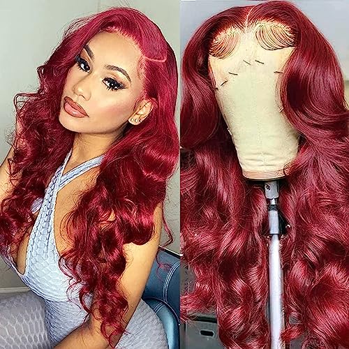 99J Burgundy Wine Red Color Body Wave 13x4 HD Lace Front Glueless Wigs Human Hair Pre Plucked Bleached Knots with Baby Hair Wigs Brazilian Human Hair Natural Hairline Wigs for Women(20Inch)