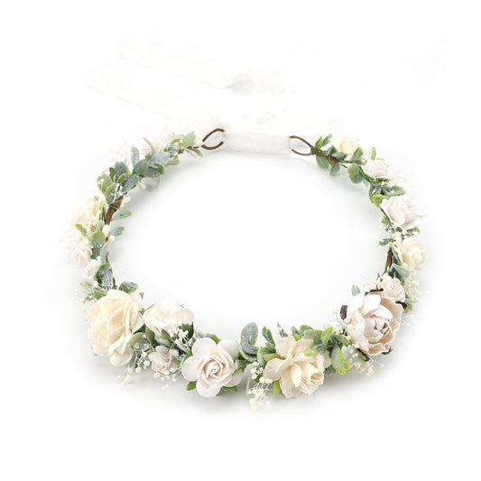 PoshMyra Greenery Flower Crown for Girls White Floral Holo Hair Headpiece bride Wreath Bridemaid Crown Rustic Wedding Women Garland Photo Prop Headband for Adult
