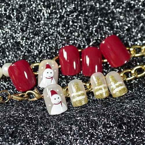 Christmas Snowman Press On Nails with Pre-design Golden Glitter Tree Short Squoval False Nail Art Tips Salon DIY Reusable Acrylic Manicure Gifts Stick On Fake Nails for Women Girls