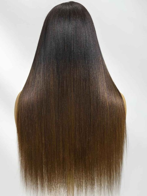 UNICE Yaki Straight 13x4 Lace Front Wigs Human Hair with Drawstring Pre Everything Glueless Frontal Human Hair Wig Pre Plucked Pre Cut Bleached Knots Chestnut Brown ombre Color 150% Density 10 inch