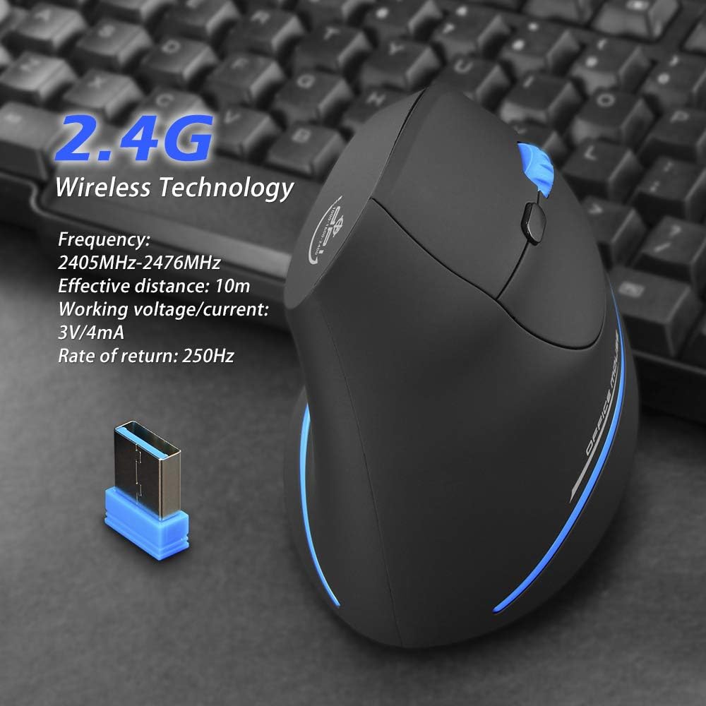 ZLOT Vertical Wireless Mouse,2.4G USB Optical Ergonomic Mice with 3 Adjustable DPI 1000/1600/2400 and 6 Buttons for Laptop, PC, Computer, Desktop, Black